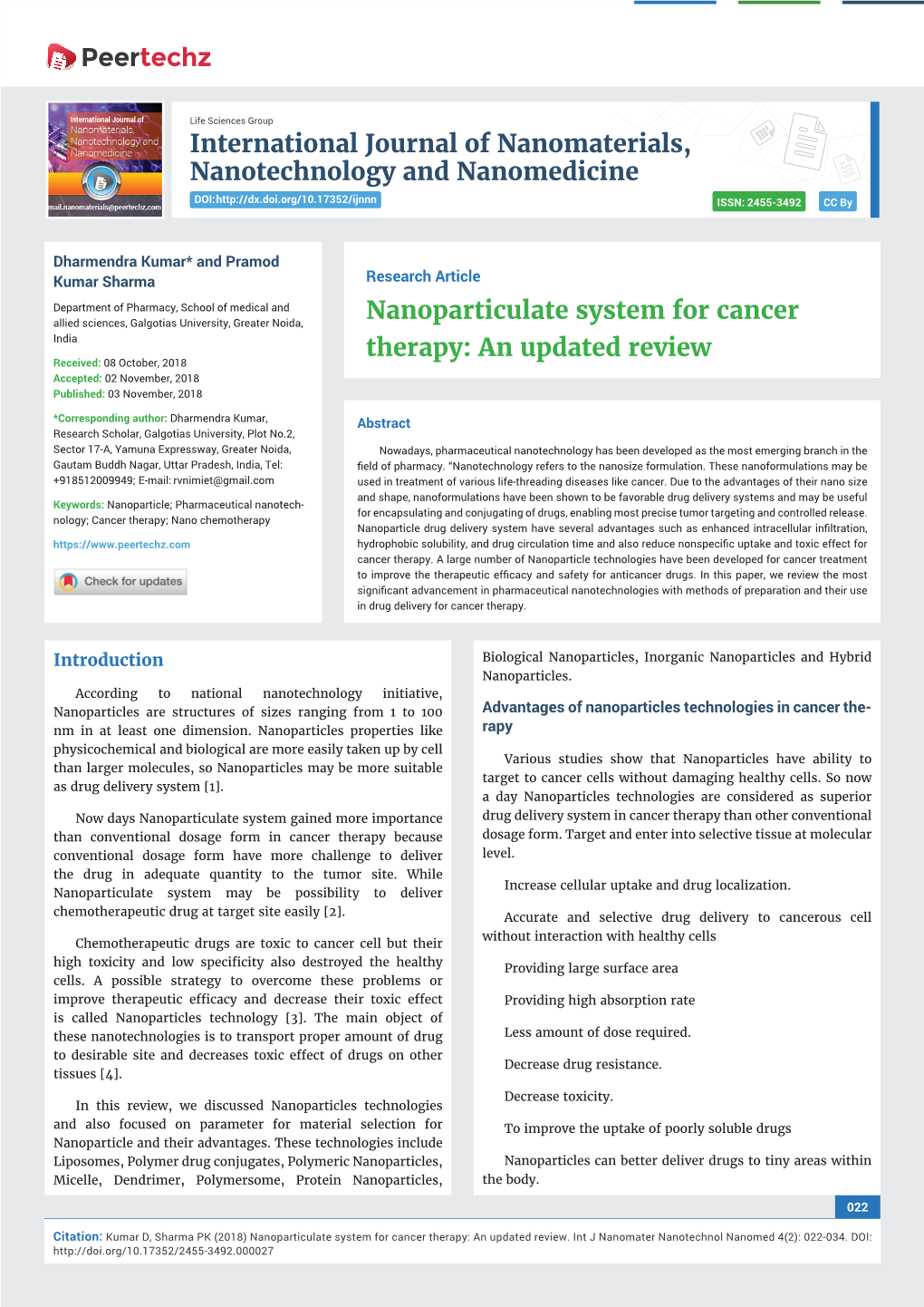 Nanoparticulate System for Cancer Therapy: an Updated Review