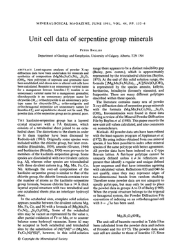 Unit Cell Data of Serpentine Group Minerals