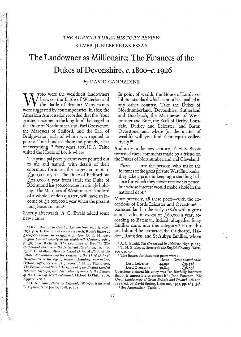 The Landowner As Millionaire: the Finances of the Dukes of Devonshire, C