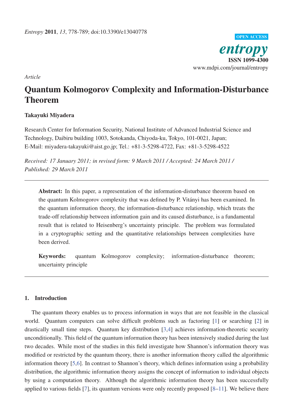 Quantum Kolmogorov Complexity and Information-Disturbance Theorem