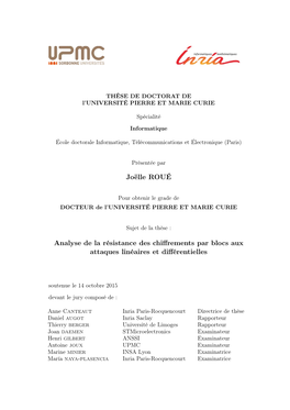 Joëlle ROUÉ Analyse De La Résistance Des Chiffrements Par