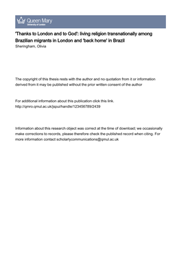 Living Religion Transnationally Among Brazilian Migrants in London and 'Back Home' in Brazil Sheringham, Olivia