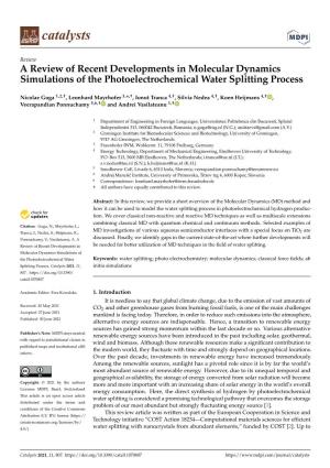 A Review of Recent Developments in Molecular Dynamics Simulations of the Photoelectrochemical Water Splitting Process