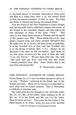 THE ORIGINAL CONTENTS of CODEX BEZAE. to the Dread Throne of Universal Saviourhood, Where John Saw Him As a Lamb Slain (Rev