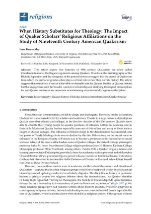 When History Substitutes for Theology: the Impact of Quaker Scholars’ Religious Afﬁliations on the Study of Nineteenth Century American Quakerism