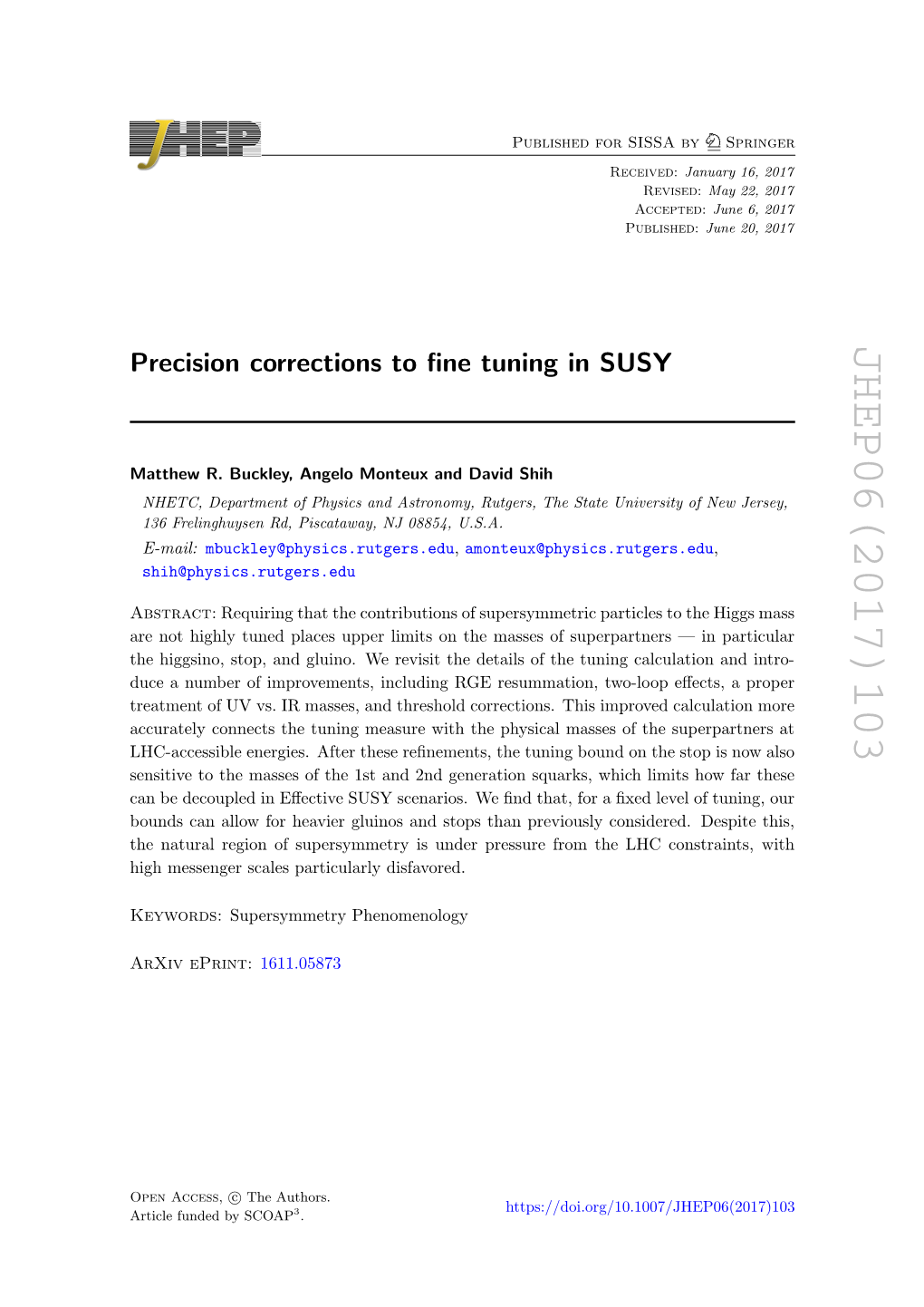 Precision Corrections to Fine Tuning in SUSY