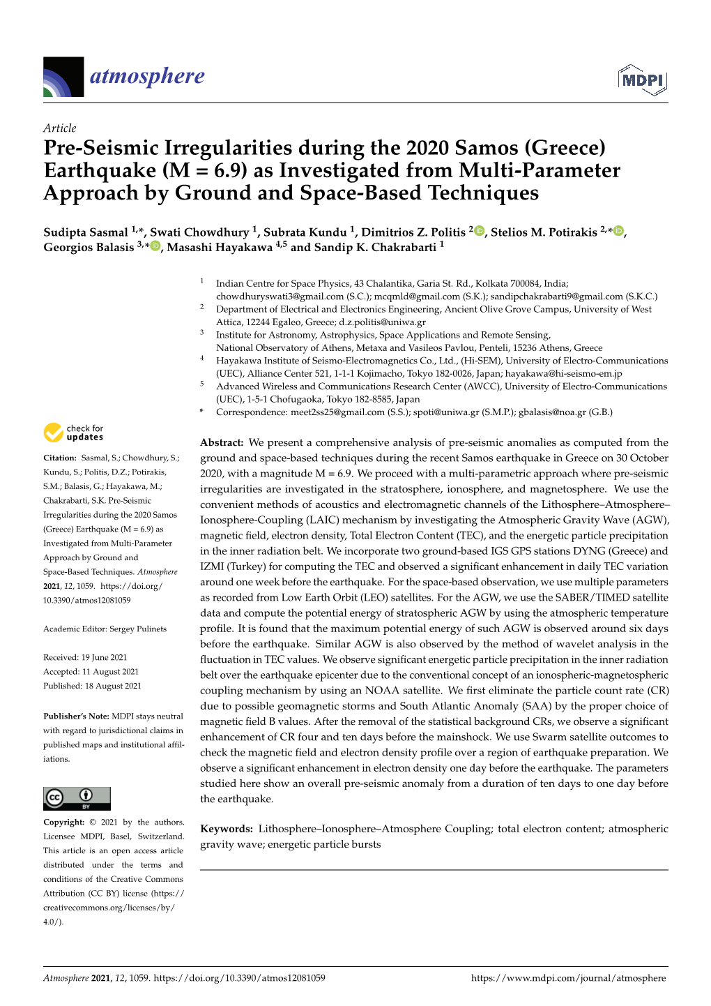 Pre-Seismic Irregularities During the 2020 Samos (Greece) Earthquake (M = 6.9) As Investigated from Multi-Parameter Approach by Ground and Space-Based Techniques