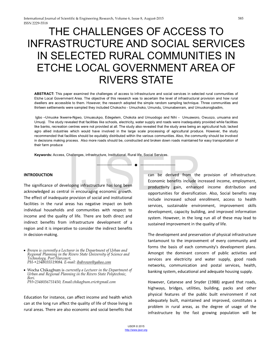 The Challenges of Access to Infrastructure and Social Services in Selected Rural Communities in Etche Local Government Area of Rivers State
