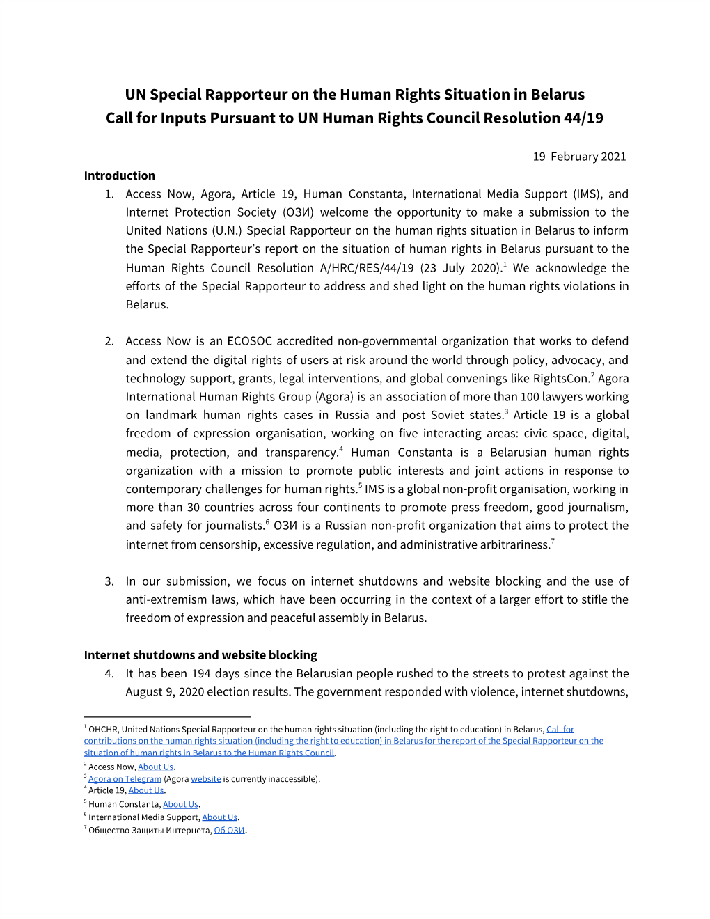 UN Special Rapporteur on the Human Rights Situation in Belarus Call for Inputs Pursuant to UN Human Rights Council Resolution 44/19