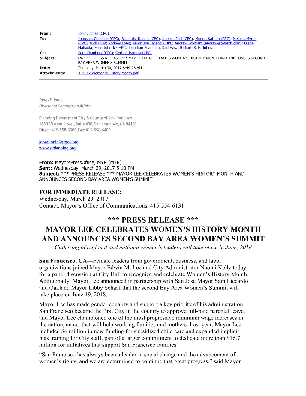 *** Press Release *** Mayor Lee Celebrates Women's