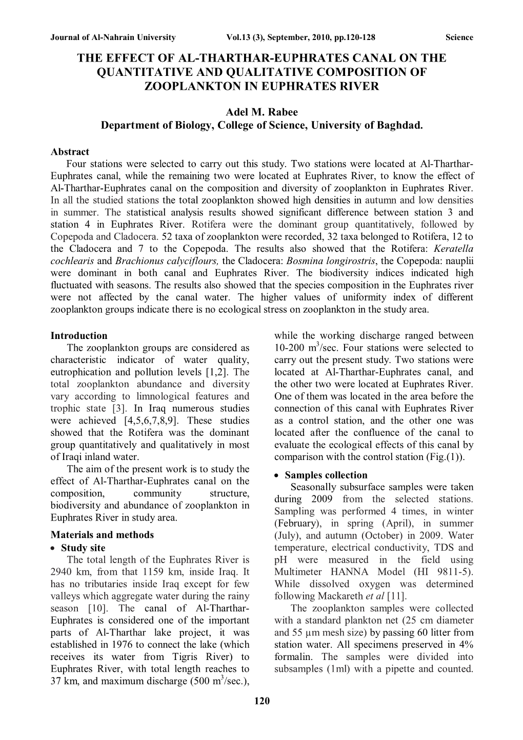 The Effect of Al-Tharthar-Euphrates Canal on the Quantitative and Qualitative Composition of Zooplankton in Euphrates River