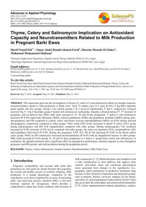 Thyme, Celery and Salinomycin Implication on Antioxidant Capacity and Neurotransmitters Related to Milk Production in Pregnant Barki Ewes