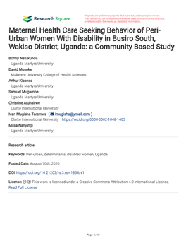 Urban Women with Disability in Busiro South, Wakiso District, Uganda: a Community Based Study