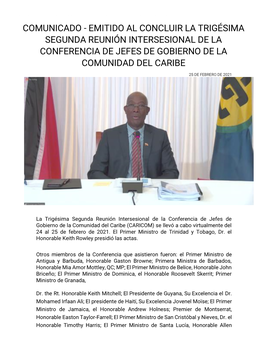 Emitido Al Concluir La Trigésima Segunda Reunión Intersesional De La Conferencia De Jefes De Gobierno De La Comunidad Del Caribe