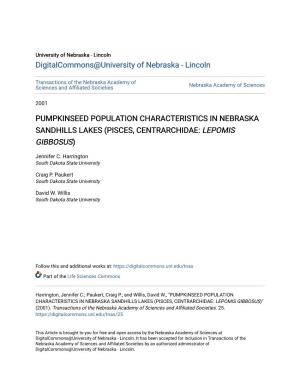 Pumpkinseed Population Characteristics in Nebraska Sandhills Lakes (Pisces, Centrarchidae: Lepomis Gibbosus)