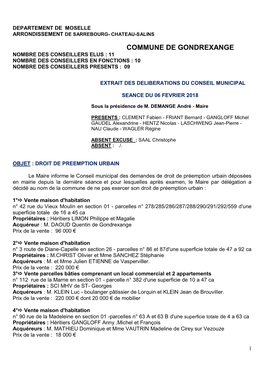 Commune De Gondrexange Nombre Des Conseillers Elus : 11 Nombre Des Conseillers En Fonctions : 10 Nombre Des Conseillers Presents : 09