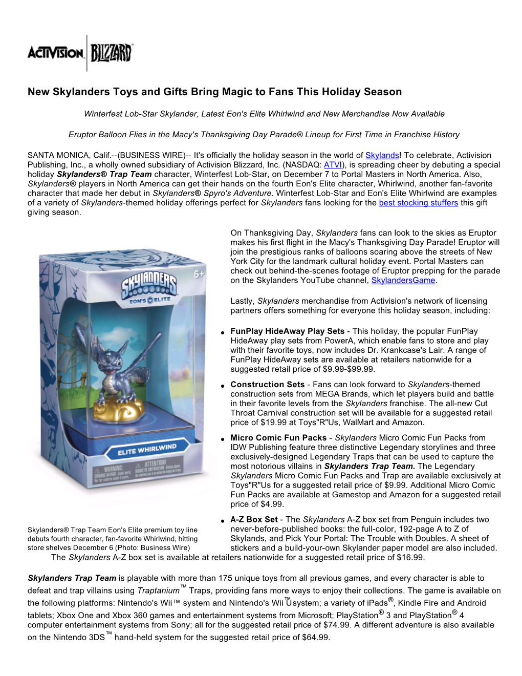 New Skylanders Toys and Gifts Bring Magic to Fans This Holiday Season