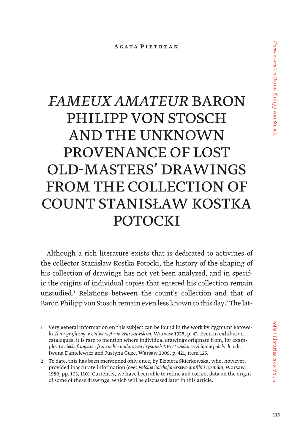 Fameux Amateur Baron Philipp Von Stosch and the Unknown Provenance of Lost Old Masters' Drawings from the Collection of Count