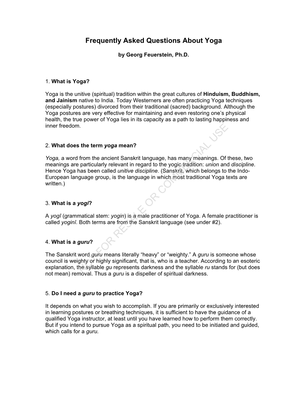 Frequently Asked Questions About Yoga by Georg Feuerstein, Ph.D