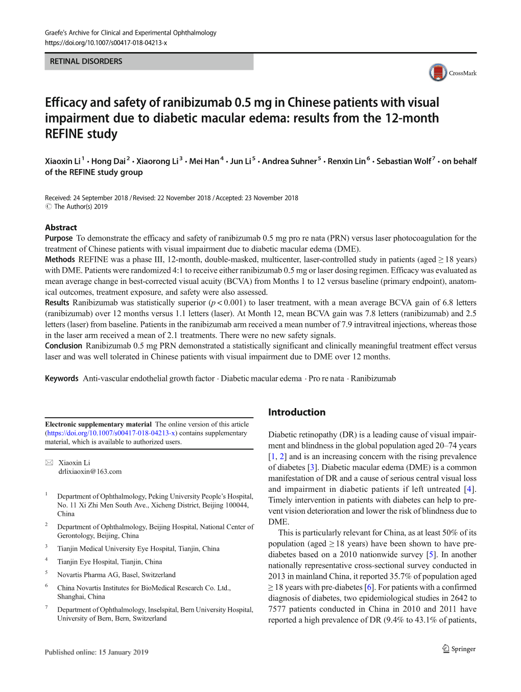 Efficacy and Safety of Ranibizumab 0.5 Mg in Chinese Patients with Visual Impairment Due to Diabetic Macular Edema: Results from the 12-Month REFINE Study