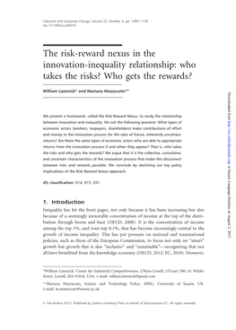 The Risk-Reward Nexus in the Innovation-Inequality Relationship: Who Takes the Risks? Who Gets the Rewards?