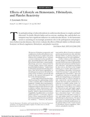 Effects of Lifestyle on Hemostasis, Fibrinolysis, and Platelet Reactivity a Systematic Review