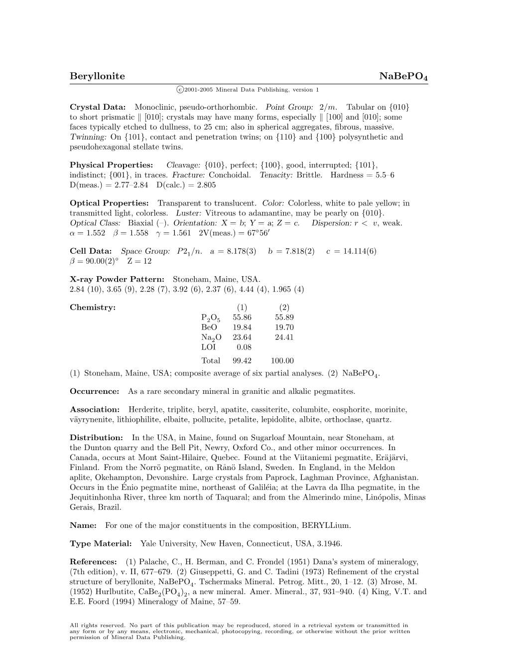 Beryllonite Nabepo4 C 2001-2005 Mineral Data Publishing, Version 1