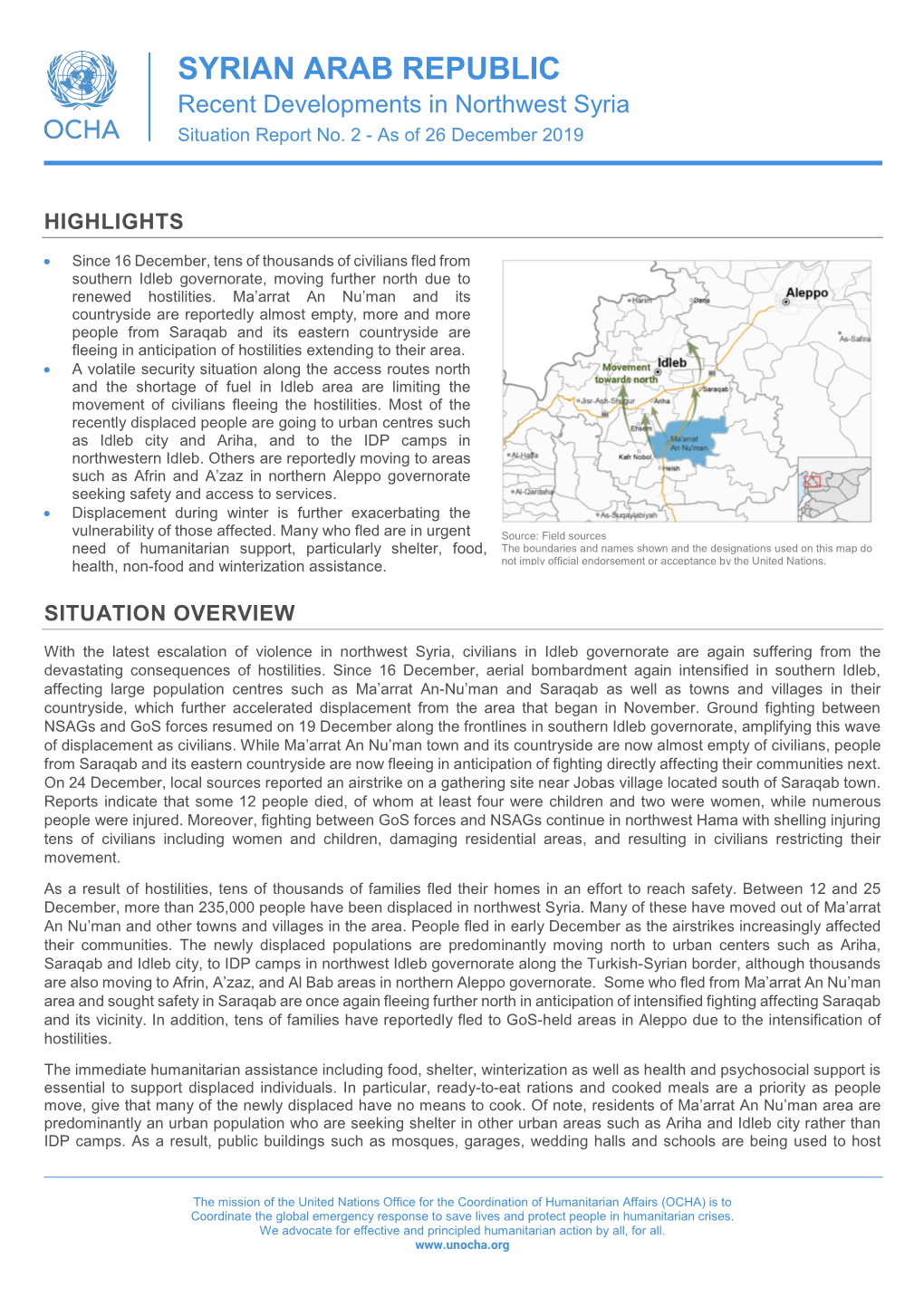 SYRIAN ARAB REPUBLIC Recent Developments in Northwest Syria Situation Report No