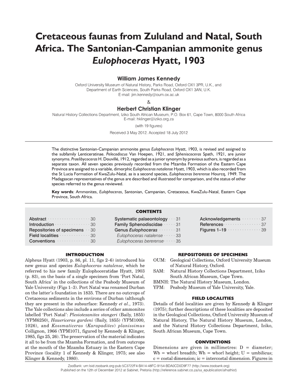 Cretaceous Faunas from Zululand and Natal, South Africa. the Santonian-Campanian Ammonite Genus Eulophoceras Hyatt, 1903