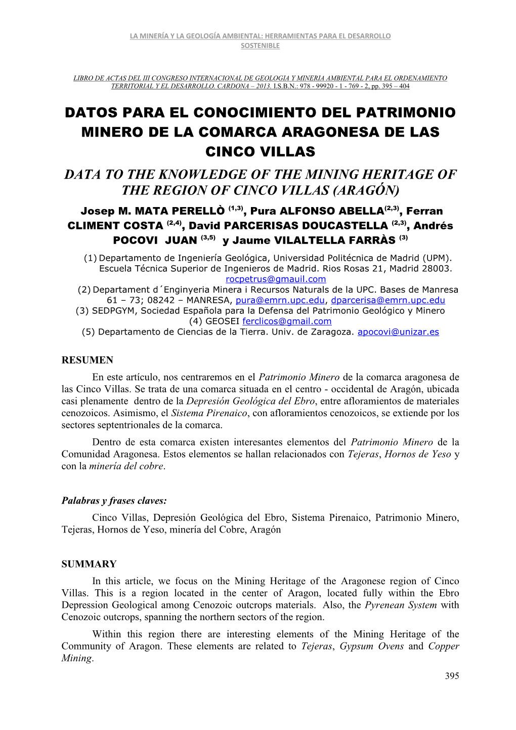 Datos Para El Conocimiento Del Patrimonio Minero De La Comarca Aragonesa De Las Cinco Villas