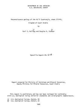 Reconnaissance Geology of the Ha'il Quadrangle, Sheet 27/41B, Kingdom of Saudi Arabia by I/ 2] Karl S