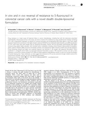 In Vitro and in Vivo Reversal of Resistance to 5-Fluorouracil in Colorectal Cancer Cells with a Novel Stealth Double-Liposomal Formulation