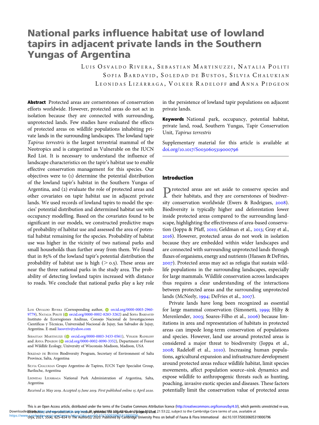 National Parks Influence Habitat Use of Lowland Tapirs in Adjacent Private Lands in the Southern Yungas of Argentina