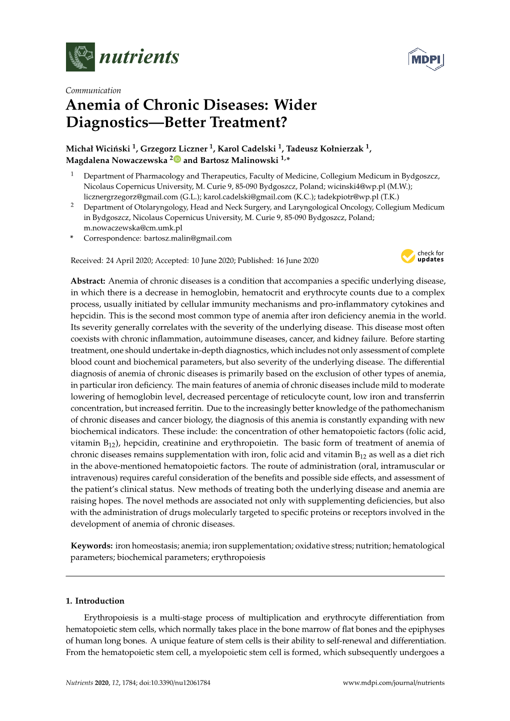 Anemia of Chronic Diseases: Wider Diagnostics—Better Treatment?