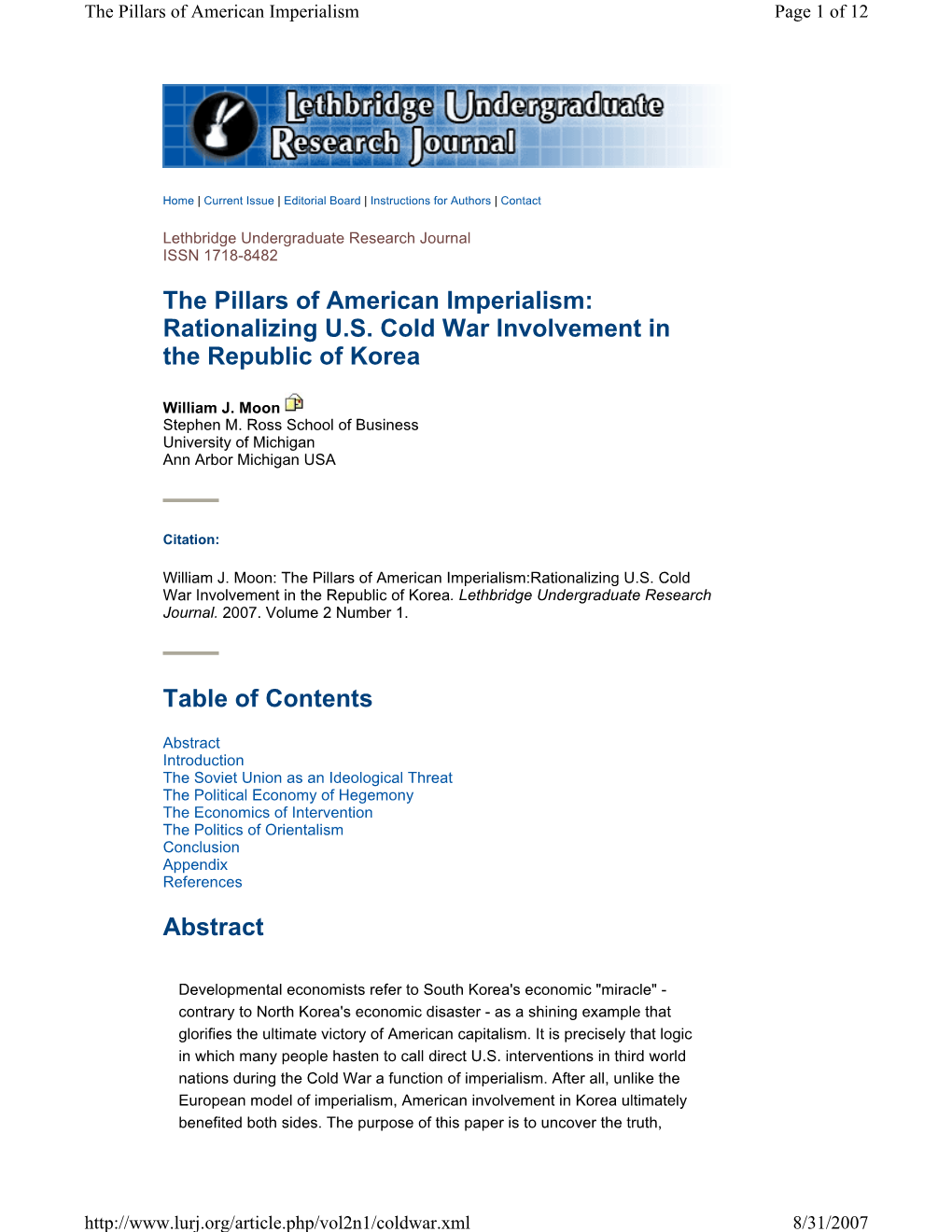 The Pillars of American Imperialism: Rationalizing U.S. Cold War Involvement in the Republic of Korea