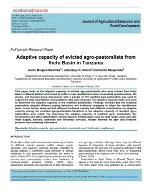 Adaptive Capacity of Evicted Agro-Pastoralists from Ihefu Basin in Tanzania