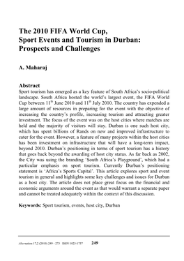 The 2010 FIFA World Cup, Sport Events and Tourism in Durban: Prospects and Challenges