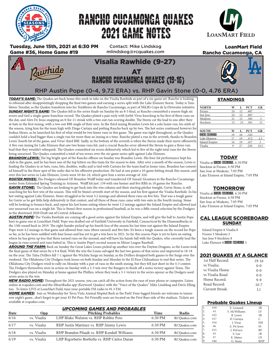 Rancho Cucamonga Quakes 2021 Game Notes