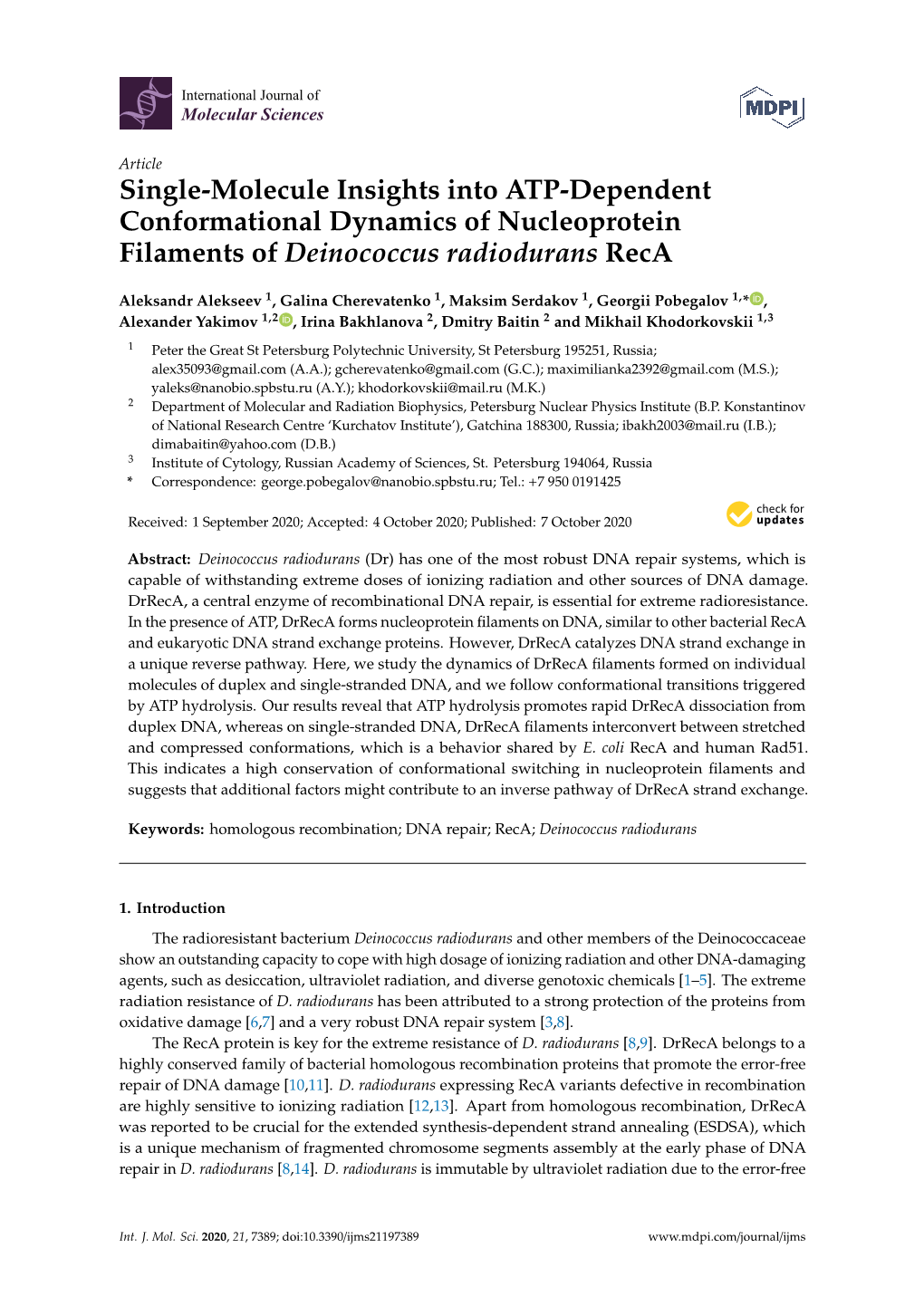 Single-Molecule Insights Into ATP-Dependent Conformational Dynamics of Nucleoprotein Filaments of Deinococcus Radiodurans Reca