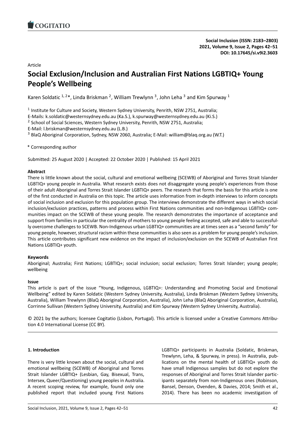 Social Exclusion/Inclusion and Australian First Nations LGBTIQ+ Young People’S Wellbeing