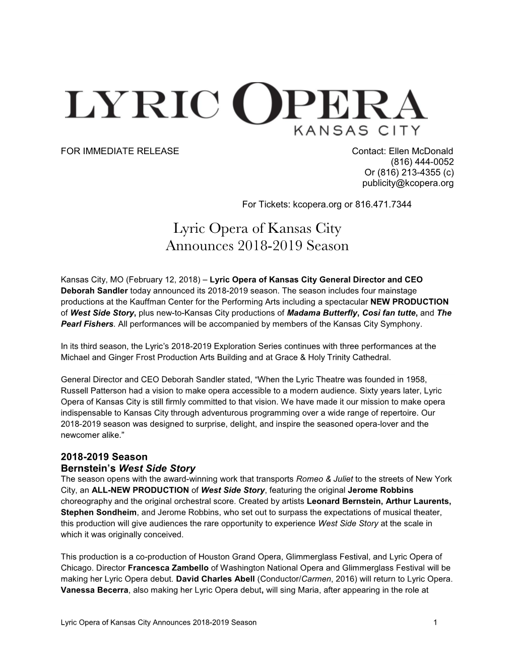 Lyric Opera of Kansas City Announces 2018-2019 Season