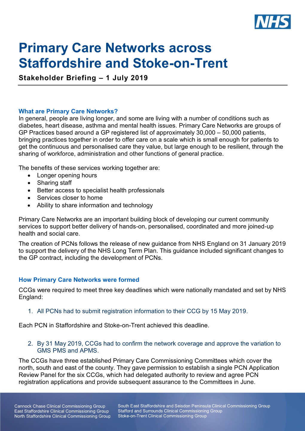 Primary Care Networks Across Staffordshire and Stoke-On-Trent Stakeholder Briefing – 1 July 2019