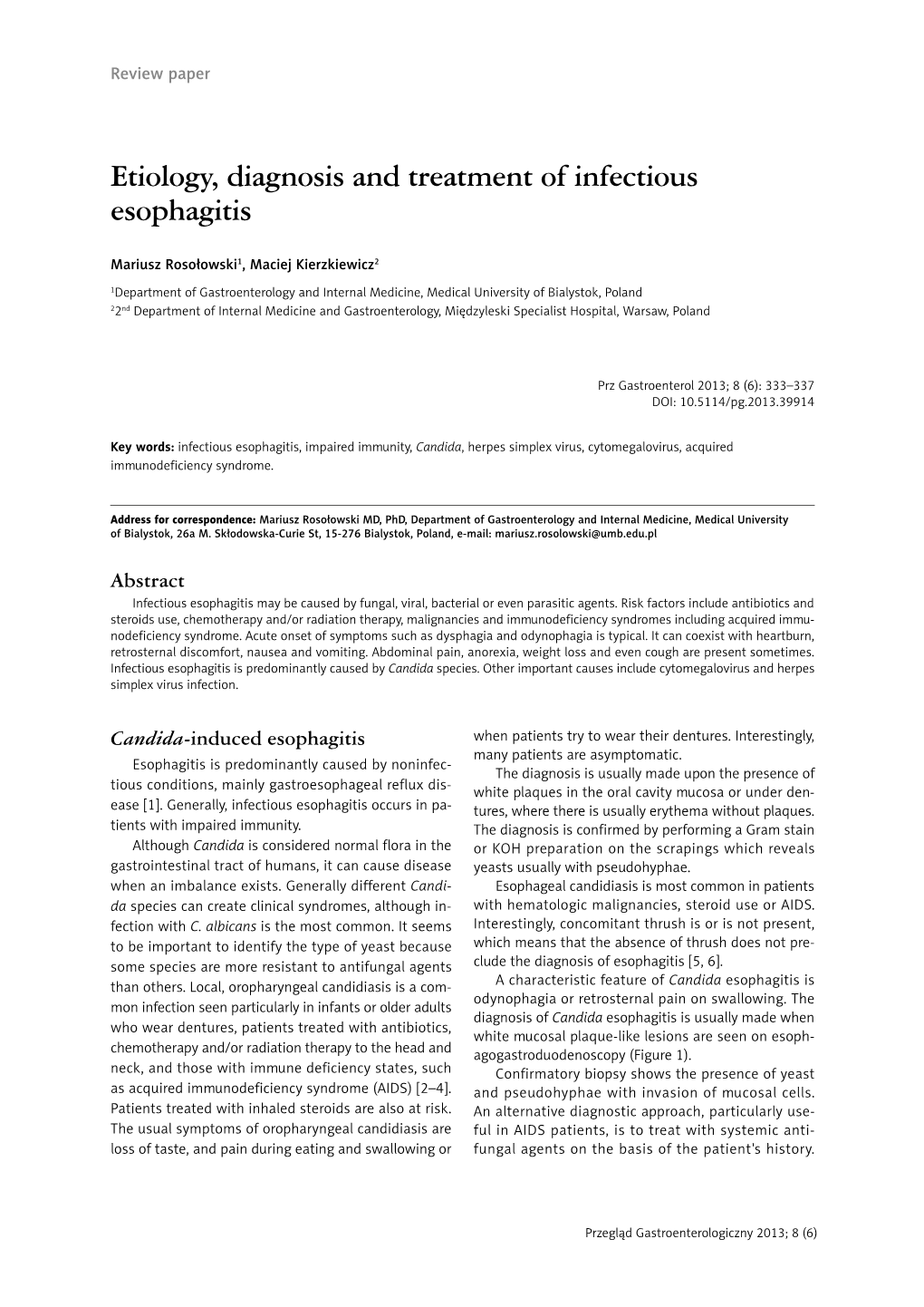 Etiology, Diagnosis and Treatment of Infectious Esophagitis