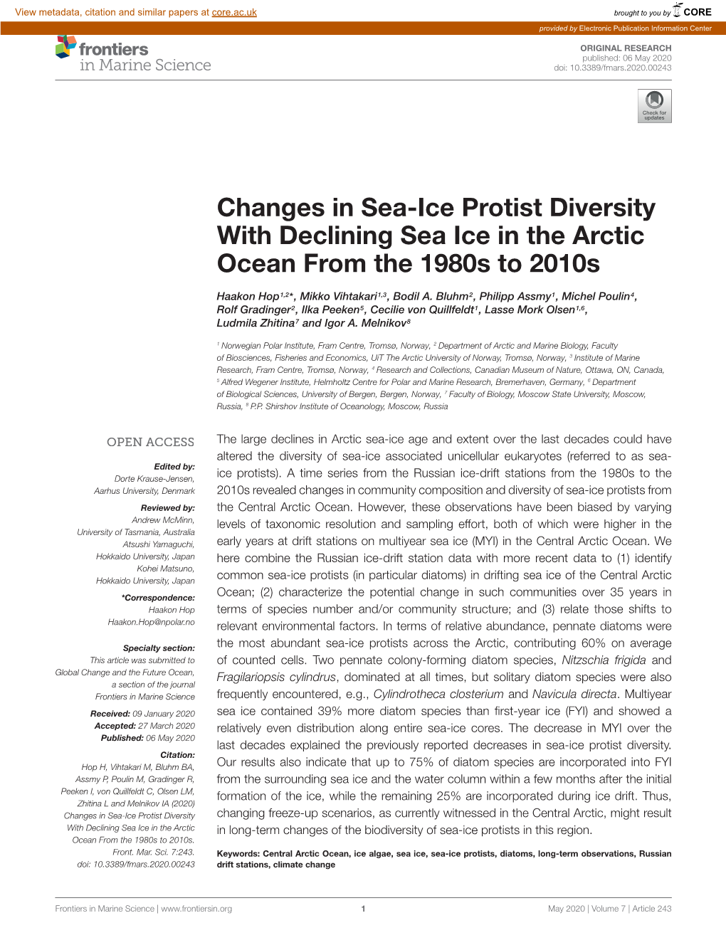Changes in Sea-Ice Protist Diversity with Declining Sea Ice in the Arctic Ocean from the 1980S to 2010S