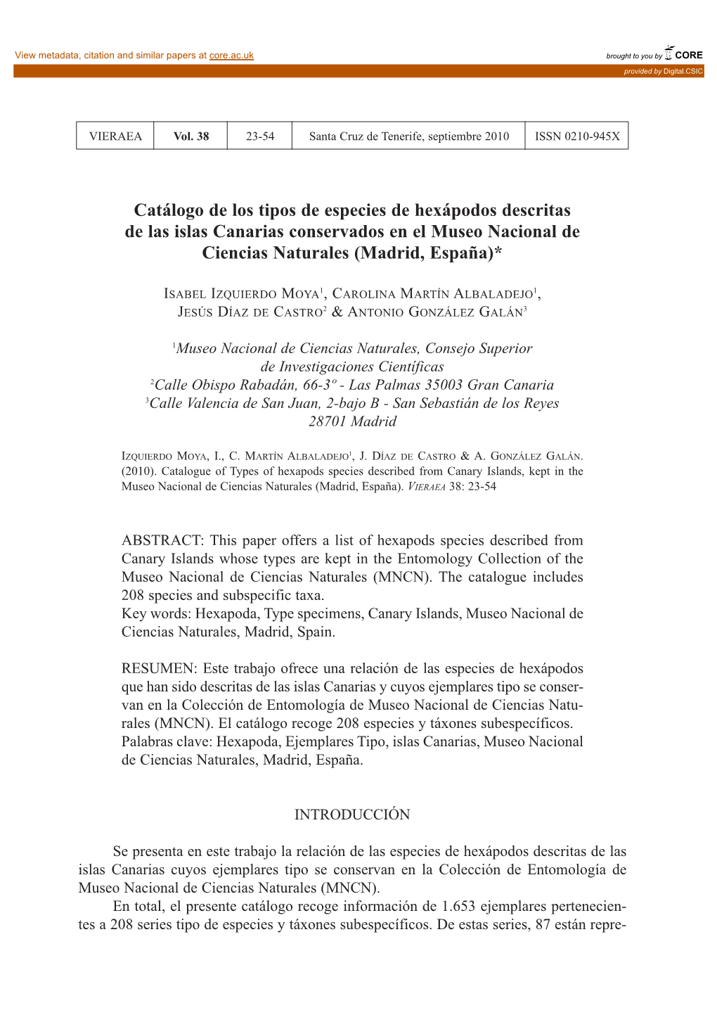 Catálogo De Los Tipos De Especies De Hexápodos Descritas De Las Islas Canarias Conservados En El Museo Nacional De Ciencias Naturales (Madrid, España)*