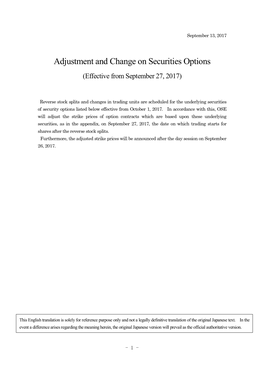 Adjustment and Change on Securities Options (Effective from September 27, 2017)