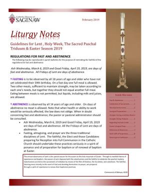 Liturgy Notes Guidelines for Lent , Holy Week, the Sacred Paschal Triduum & Easter Season 2019