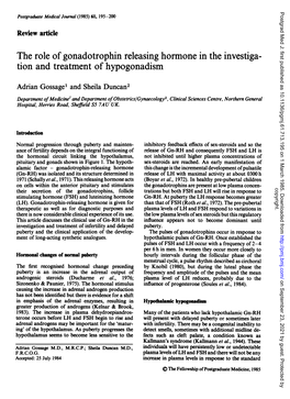 The Role of Gonadotrophin Releasing Hormone in the Investiga- Tion and Treatment of Hypogonadism