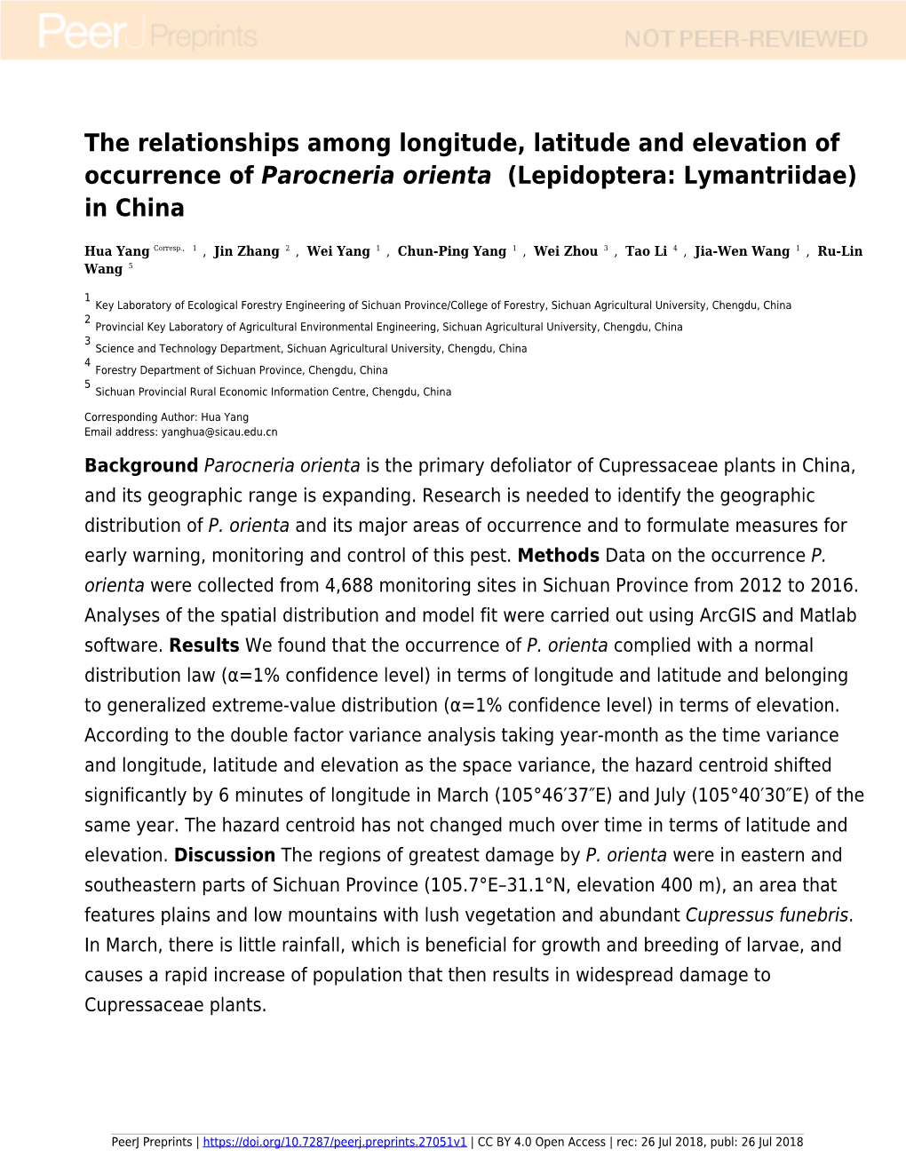 The Relationships Among Longitude, Latitude and Elevation of Occurrence of Parocneria Orienta (Lepidoptera: Lymantriidae) in China