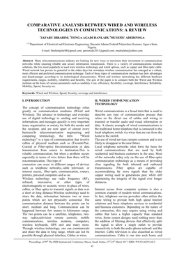 Comparative Analysis Between Wired and Wireless Technologies in Communications: a Review